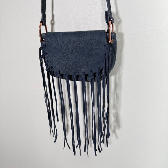 Free People Blue Faux Leather Fringe Bag Festival Bohemian - Picture 1 of 9